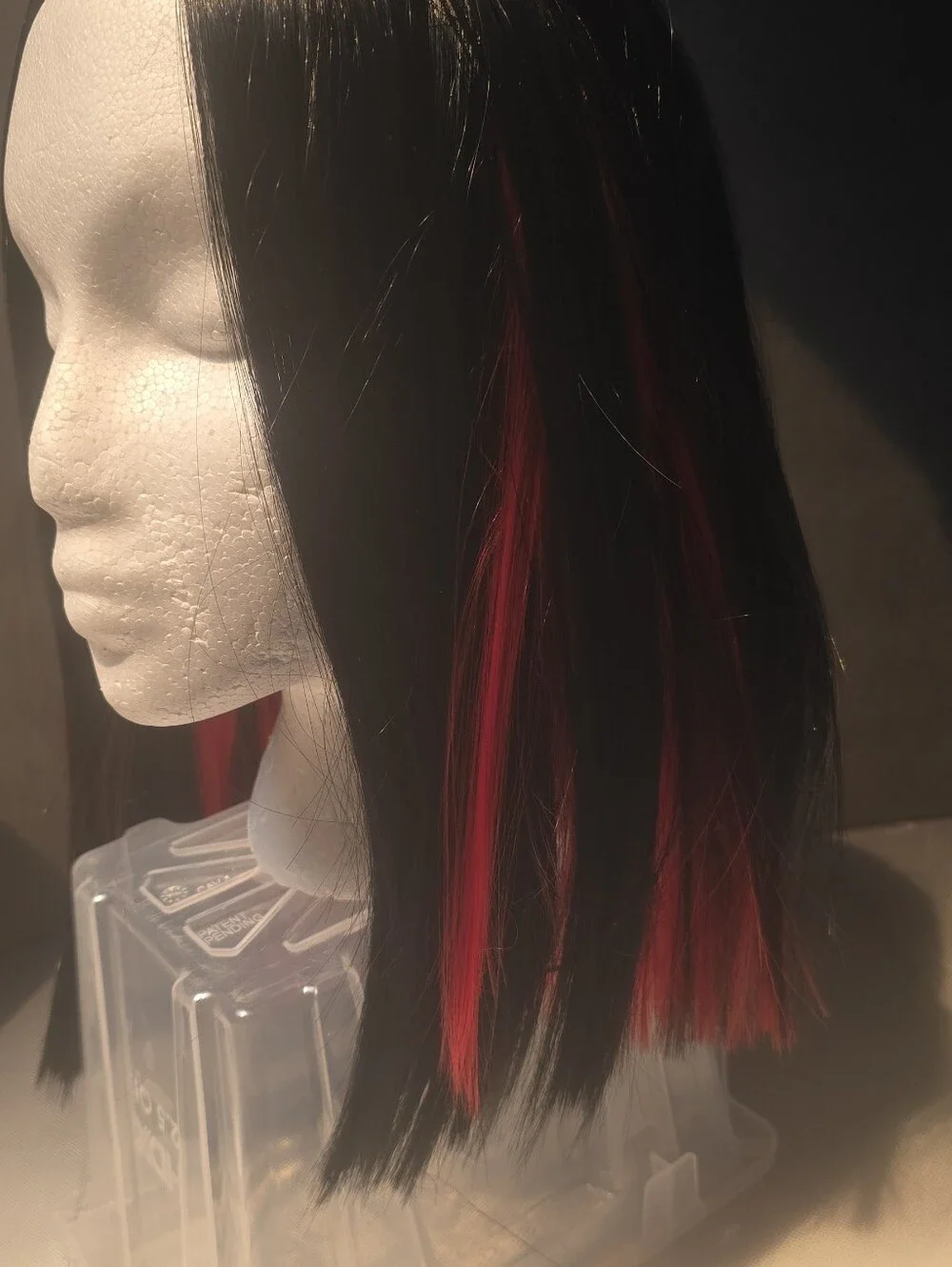 Black Med Length Bob Wig Striking Red Peekaboo Highlites All Around.Eaay Styling